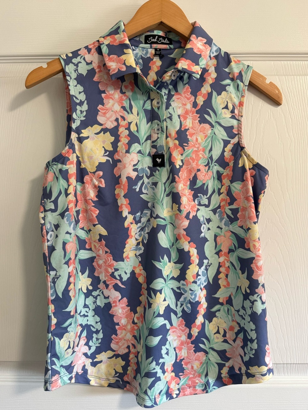 Bad Birdie Core Golf Polo, Sleeveless, Lei’d all over print, Sz Medium